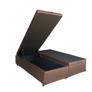 Cama Box Baú King Bipartido Sintético Marrom - Com Pistão A Gás